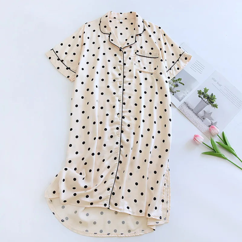 2025 New Women's Summer Short sleeved Nightwear 100% Viscous Fiber Comfortable and Breathable Soft Dress Thin Large Home Fury