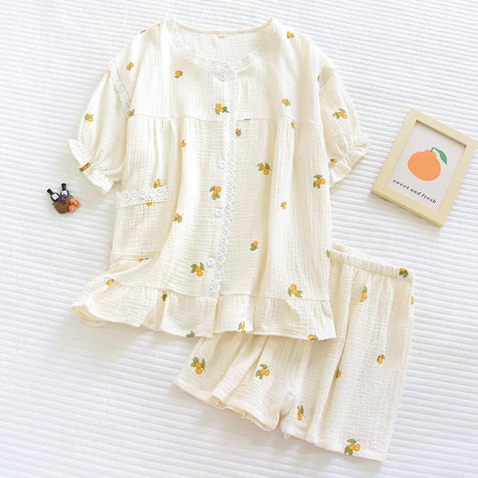 New summer ladies pajamas short-sleeved shorts two-piece set 100% cotton crepe suit female cute fresh home clothes plus size