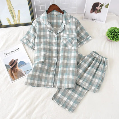 2025 Japanese style simple short women female 100% cotton gauze short sleeve trousers ladies pajamas suit cute pajamas sets home
