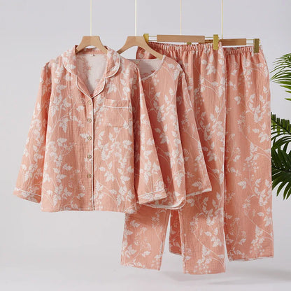 2025 New Spring and Autumn Women's Pajama Set 100% Cotton Gauze Jacquard Long Sleeve Long Pants Loose Home Clothes Two Piece Set