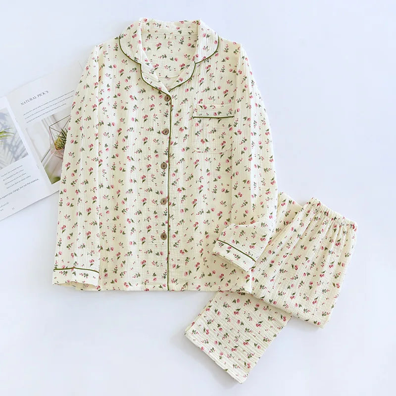 2025 Spring and Autumn Women's Pajama Set 100% Cotton Crepe Long sleeved Pants Two piece Cute and Sweet Home Fury Set Ladies
