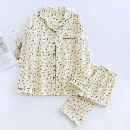 2025 Spring and Autumn Women's Pajama Set 100% Cotton Crepe Long sleeved Pants Two piece Cute and Sweet Home Fury Set Ladies