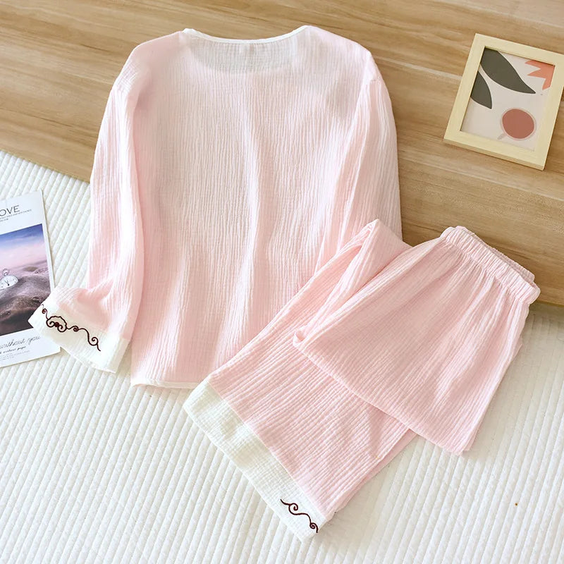 2025 Spring and Autumn New Women's Pajama Set 100% cotton crepe long-sleeved trousers classic two-piece household clothes