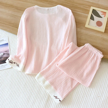 2025 Spring and Autumn New Women's Pajama Set 100% cotton crepe long-sleeved trousers classic two-piece household clothes