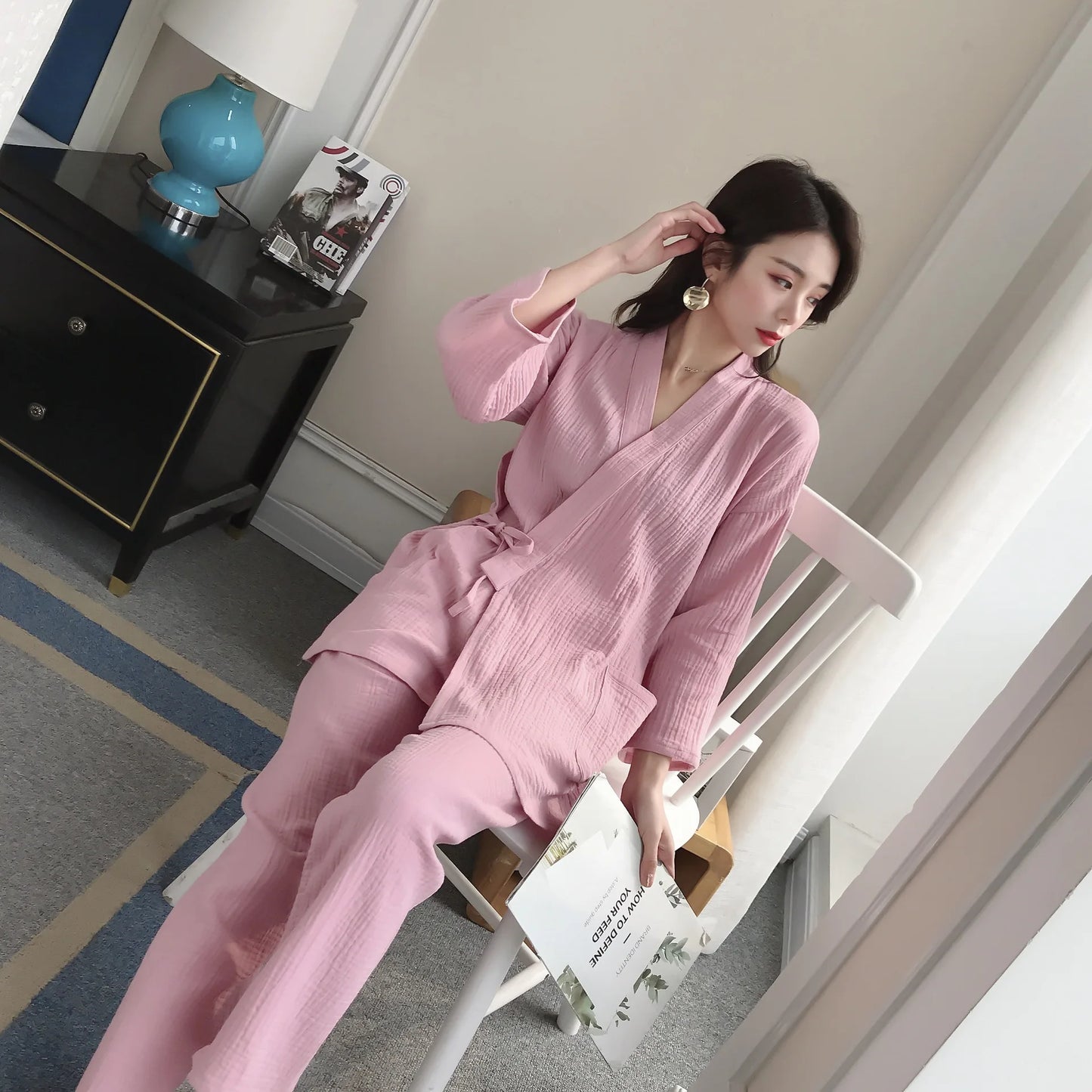Japanese kimono suit lovers 100% cotton crepe pajamas long sleeved trousers two-piece kimono suit for men and women sleepwear