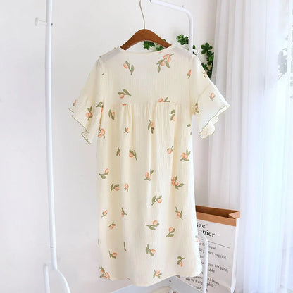 2025 Summer New Women's Pajama Dress 100% Cotton Crepe Ladies Short Sleeve Skirt Thin Flower Dress Homewear Pajama Dress