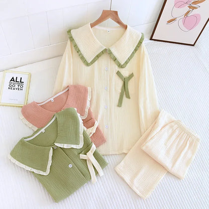 2025 new women's pajama suit 100% cotton crepe sweet lovely long-sleeved trousers two-piece home wear thin sleepwear women