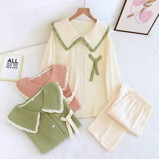 2025 new women's pajama suit 100% cotton crepe sweet lovely long-sleeved trousers two-piece home wear thin sleepwear women