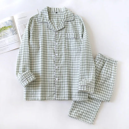 2025 Spring/Summer Couple Pajama Set 100% Cotton Double Layer Gauze Men's and Women's Japanese Plaid Set Long sleeved Home Fury