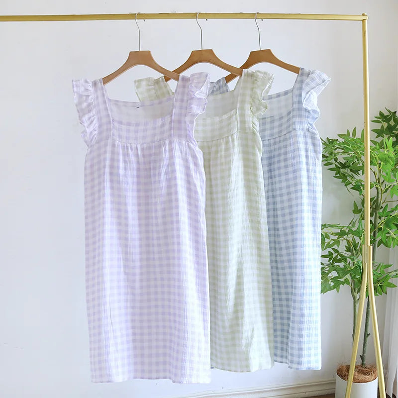 2025 Summer New Women's Sleeping Skirt Tank Top 100% Pure Cotton Large Size Loose Plaid with Chest Cushion Dress Home Fury