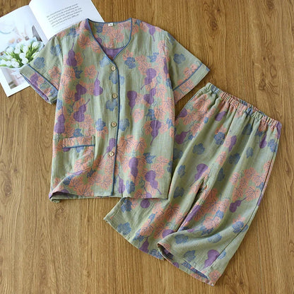 2025 Spring/Summer New Women's Pajama Set 100% Cotton Jacquard Short Sleeves+Capris Two Piece V-Neck Thin Homewear Ladies