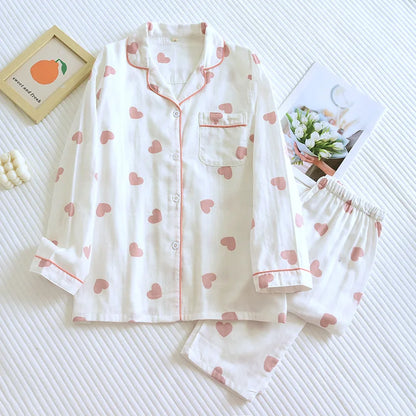 2025 New Spring and Autumn Pajama Set Women's 100% Cotton Long Sleeve Pants Two Piece Love Lovely Sweet Home Furnishing Set
