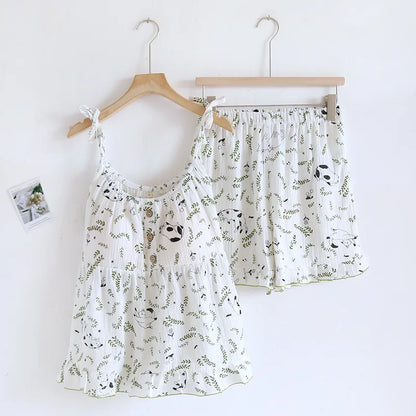 2025 New Summer Women's Pajamas Two Piece Set 100% Cotton Crepe Cloth with Chest Cushion Suspender+Shorts Set Cute Home Fury
