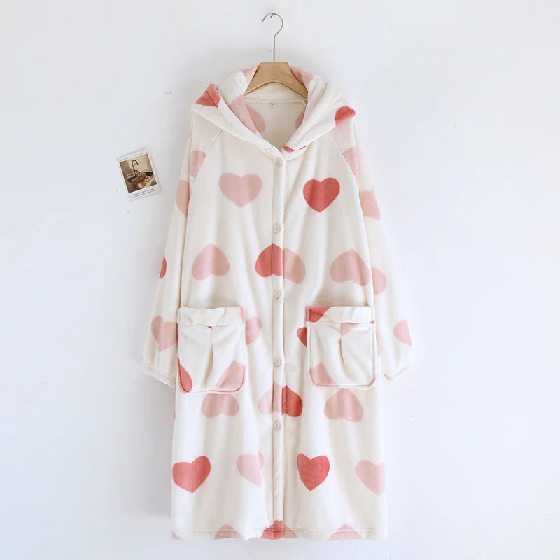 2025 Winter New Flannel Sleeping Robe Women's Bathrobe Long Thickened Velvet Cute Sweet Hooded Home Robe Sleepwear Ladies