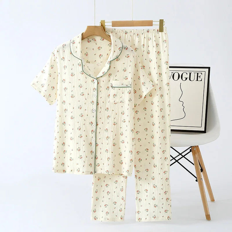 2025 Spring/Summer Women's New Pajama Set 100% Cotton Crepe Short Sleeves+Pants Flip Collar Vintage Flower Simple Homewear