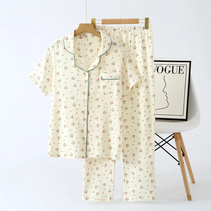 2025 Spring/Summer Women's New Pajama Set 100% Cotton Crepe Short Sleeves+Pants Flip Collar Vintage Flower Simple Homewear