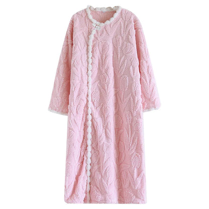 2025 New Autumn/Winter Women's Flannel Sleeping Skirt Long Sleeve Thickened Warm Long Style Loose Sleeper Robe Home Clothing