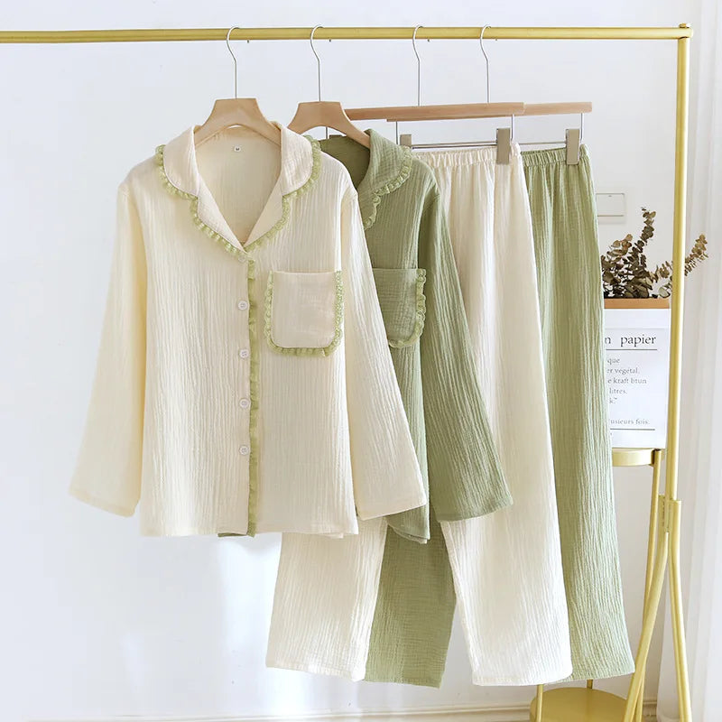2025 Spring and Autumn New Women's Pajama Set 100%Pure Cotton Crepe Lapel Long sleeved Pants Two piece Set Fresh Loose Home Fury
