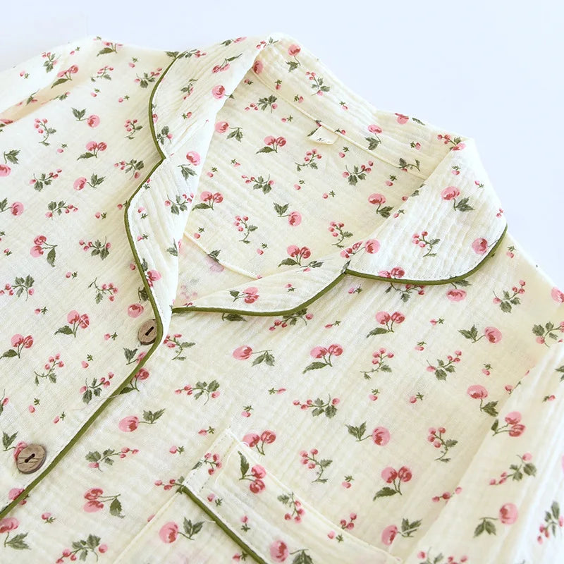 2025 Spring and Autumn Women's Pajama Set 100% Cotton Crepe Long sleeved Pants Two piece Cute and Sweet Home Fury Set Ladies
