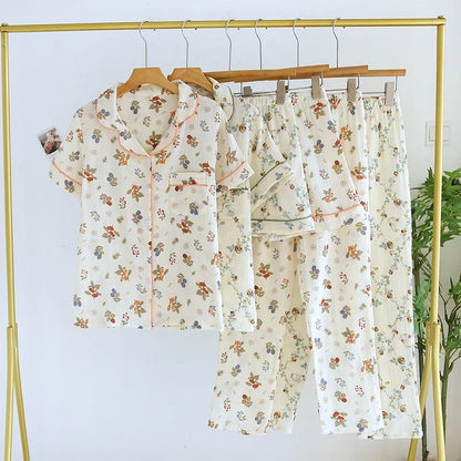 2025 New Women's Spring/Summer Pajama Set 100% Cotton Short Sleeves+Shorts+Long Pants Three Piece Thin Sweet Home Furnishings