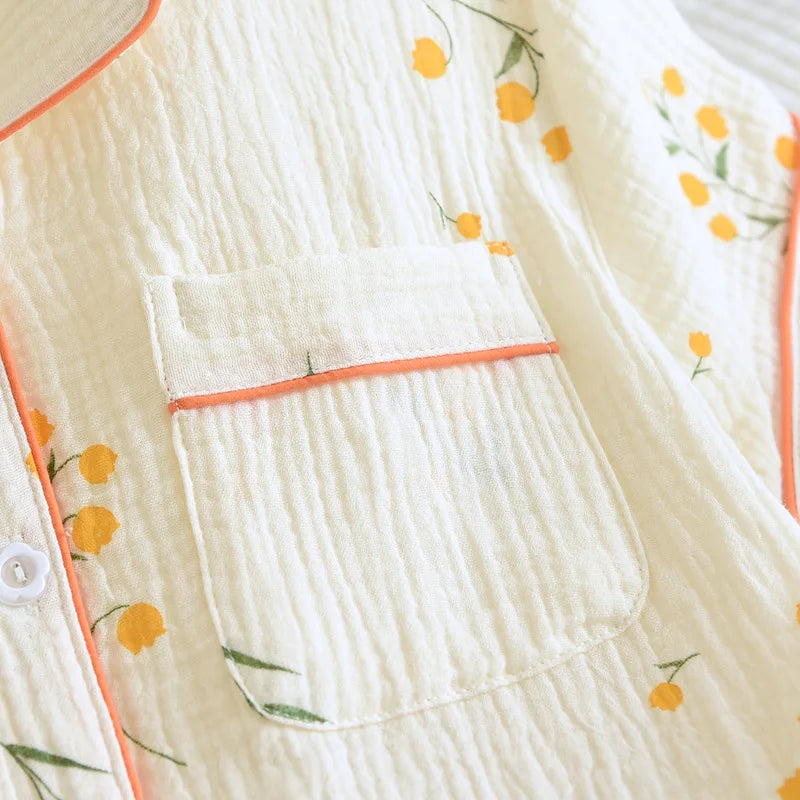 New summer women's cotton crepe three-piece short sleeve + shorts + trousers large size simple flower pajamas home service suit