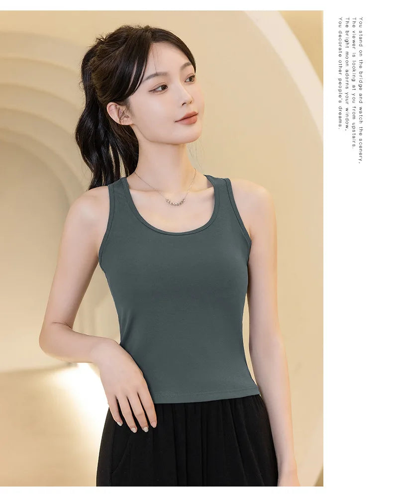 2025 New Women's Summer Pure Cotton Tank Top with Breast Pads Bra One Piece Racerback Backing Sleepwear Home Furnishing Top