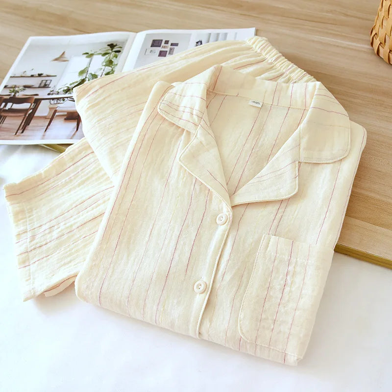 2025 Spring and Autumn New Japanese Pajama Set 100% Cotton Striped Long Sleeve Long Pants Two Piece Set Thin Home Clothing