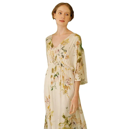 New spring and summer ladies nightdress viscose fiber V-neck elegant rose print satin long dress home skirt plus size sexy women