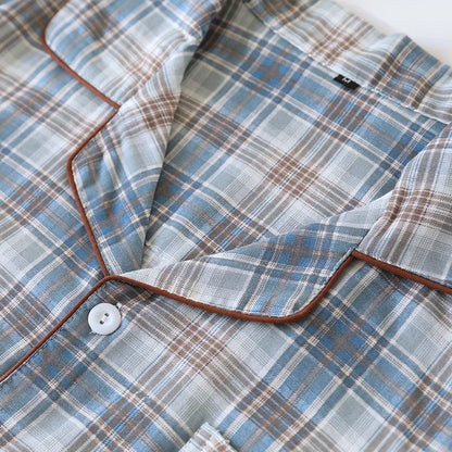 2025 Japanese New Men's Pajama Set Spring/Summer Checkered Simple Long sleeved Two Piece Set 100%Cotton Cardigan Home Furnishing