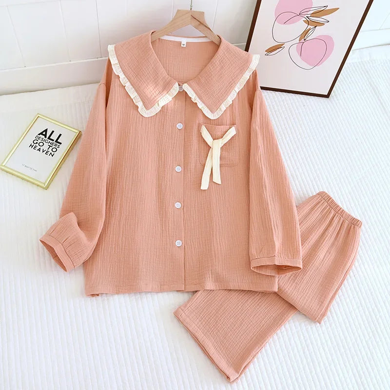 2025 new women's pajama suit 100% cotton crepe sweet lovely long-sleeved trousers two-piece home wear thin sleepwear women