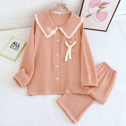 2025 new women's pajama suit 100% cotton crepe sweet lovely long-sleeved trousers two-piece home wear thin sleepwear women