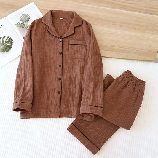 2025 New Spring Couple's Pajama Set 100% Cotton Four Layer Gauze Men's and Women's Long Sleeve Long Pants Two Piece Home Clothes